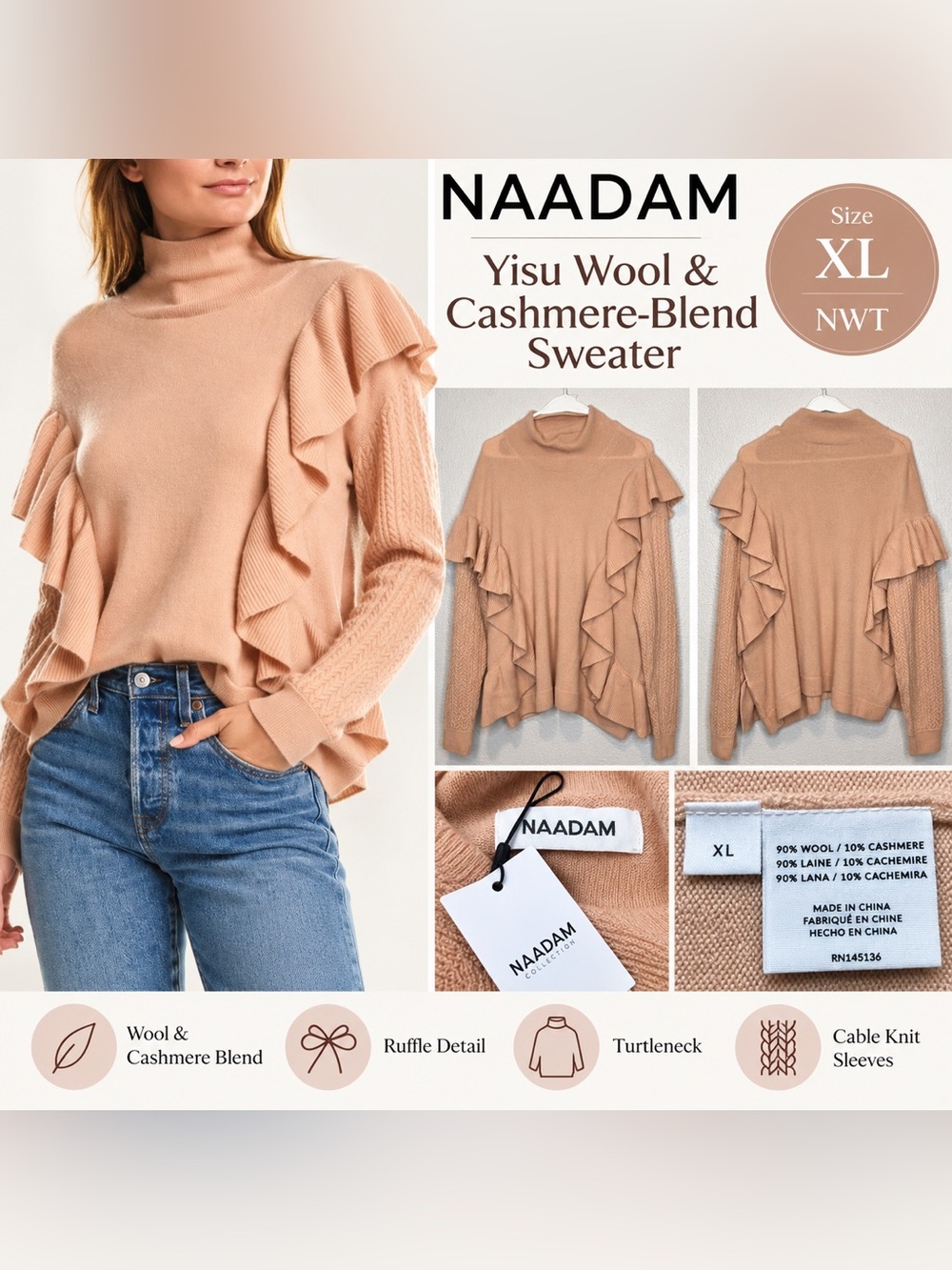 NAADAM Yisu Wool & Cashmere Blend Ruffle Sweater Women’s XL NWT